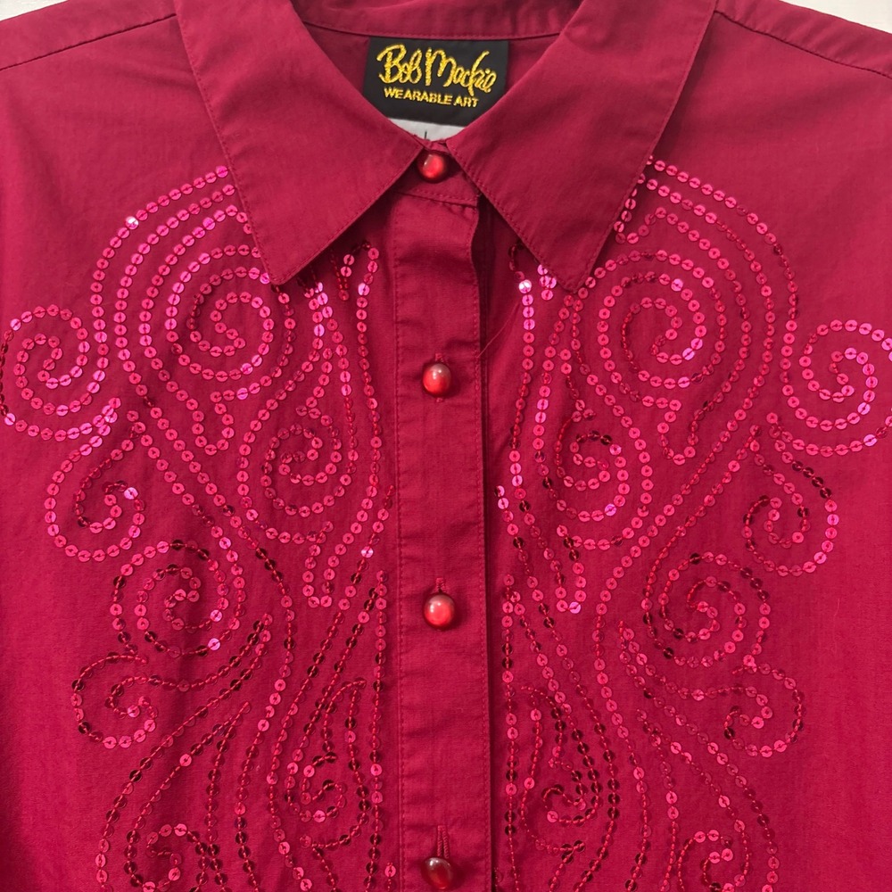 Bob Mackie Wearable Art Sequin Shirt L Button Up Glam Western Holiday Sparkly